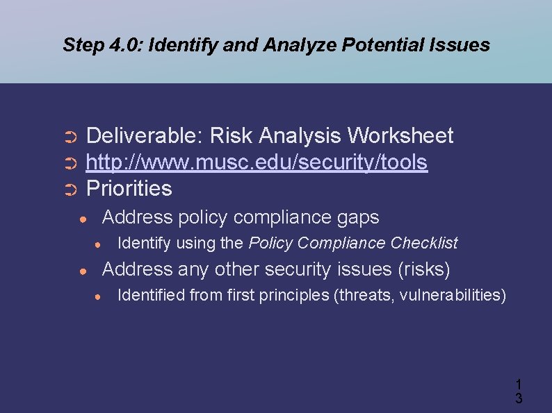 Step 4. 0: Identify and Analyze Potential Issues Deliverable: Risk Analysis Worksheet ➲ http: