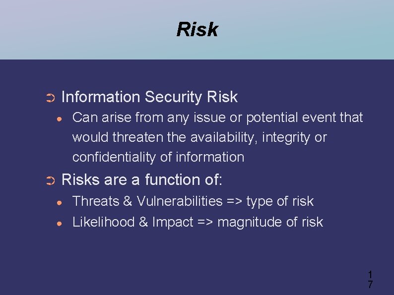 Risk ➲ Information Security Risk ● ➲ Can arise from any issue or potential