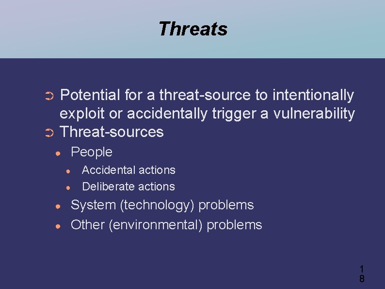 Threats Potential for a threat-source to intentionally exploit or accidentally trigger a vulnerability ➲
