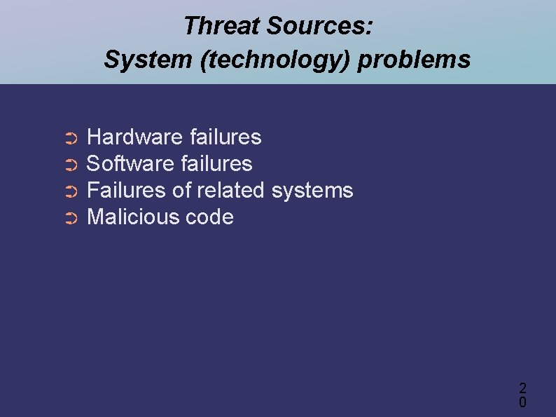 Threat Sources: System (technology) problems Hardware failures ➲ Software failures ➲ Failures of related