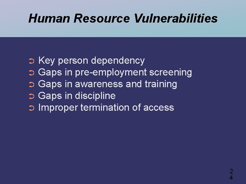 Human Resource Vulnerabilities Key person dependency ➲ Gaps in pre-employment screening ➲ Gaps in