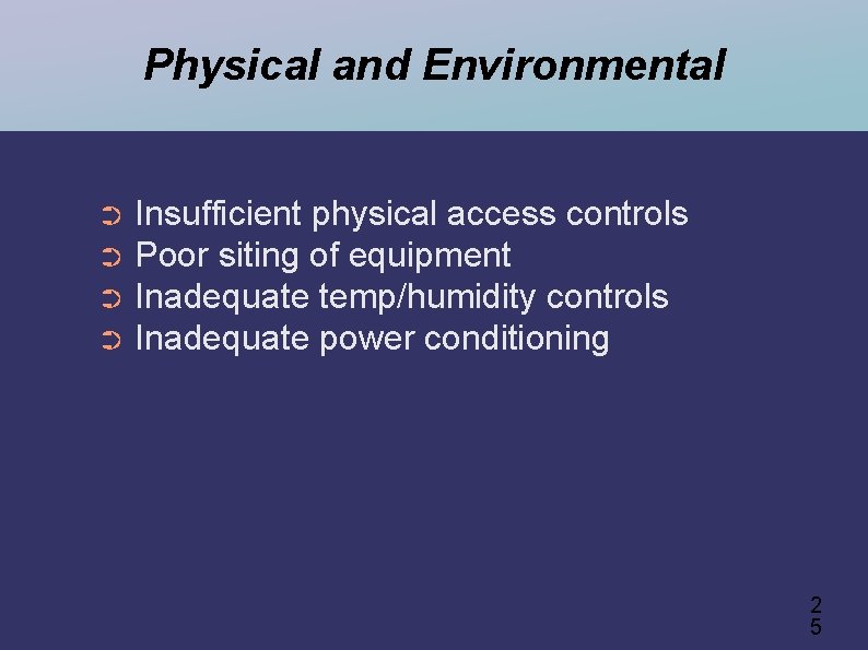 Physical and Environmental Insufficient physical access controls ➲ Poor siting of equipment ➲ Inadequate