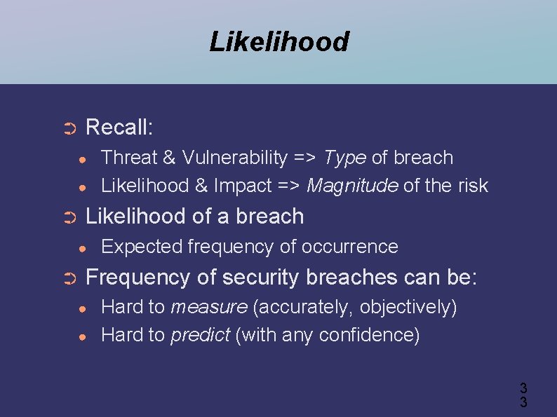 Likelihood ➲ Recall: ● ● ➲ Likelihood of a breach ● ➲ Threat &