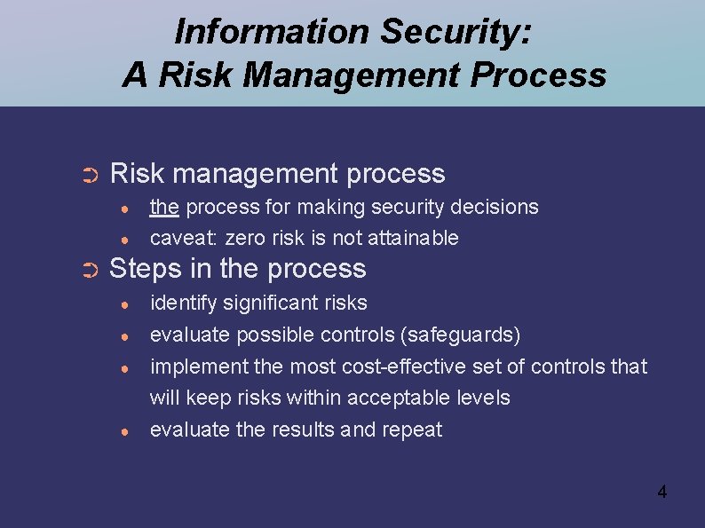 Information Security: A Risk Management Process ➲ Risk management process ● ● ➲ the