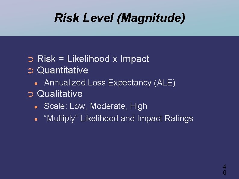 Risk Level (Magnitude) Risk = Likelihood x Impact ➲ Quantitative ➲ ● ➲ Annualized