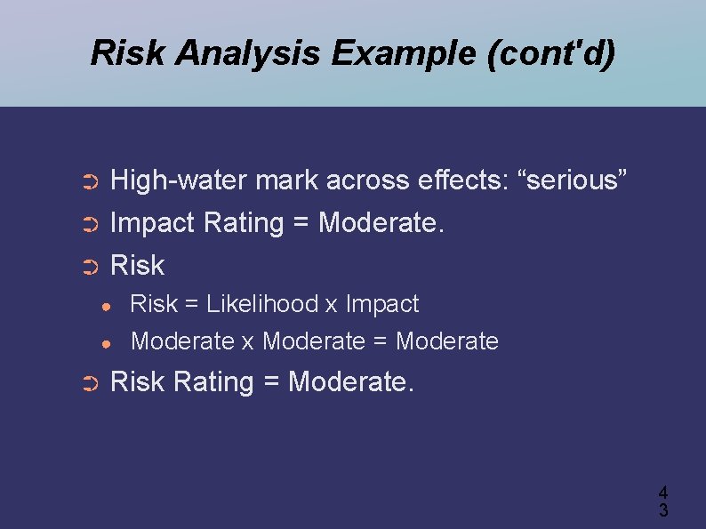 Risk Analysis Example (cont'd) High-water mark across effects: “serious” ➲ Impact Rating = Moderate.