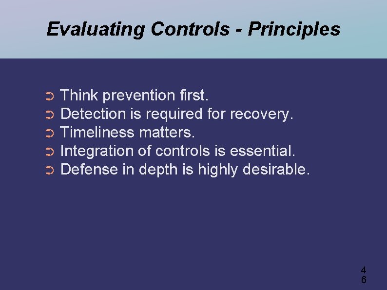 Evaluating Controls - Principles Think prevention first. ➲ Detection is required for recovery. ➲