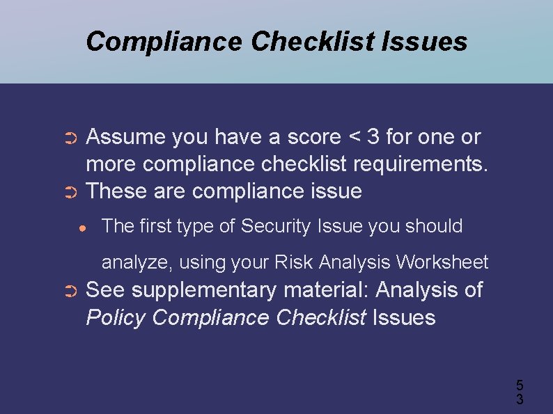 Compliance Checklist Issues Assume you have a score < 3 for one or more