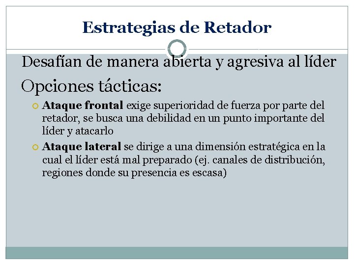 Estrategias de Retador Desafían de manera abierta y agresiva al líder Opciones tácticas: Ataque