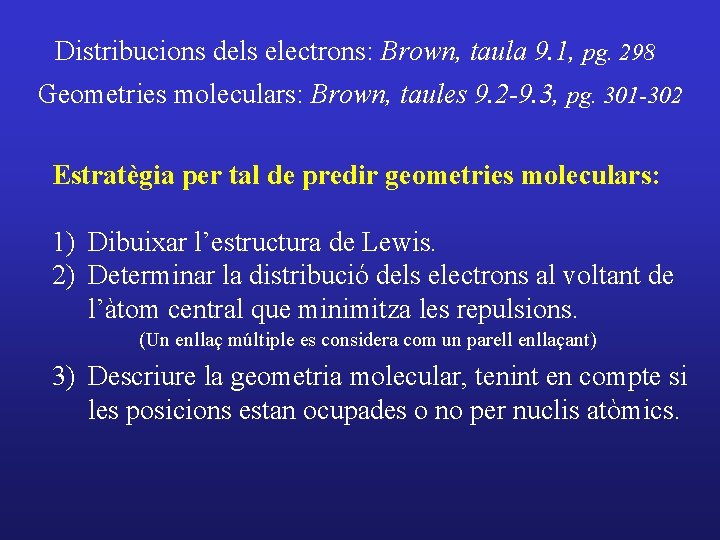 Distribucions dels electrons: Brown, taula 9. 1, pg. 298 Geometries moleculars: Brown, taules 9.