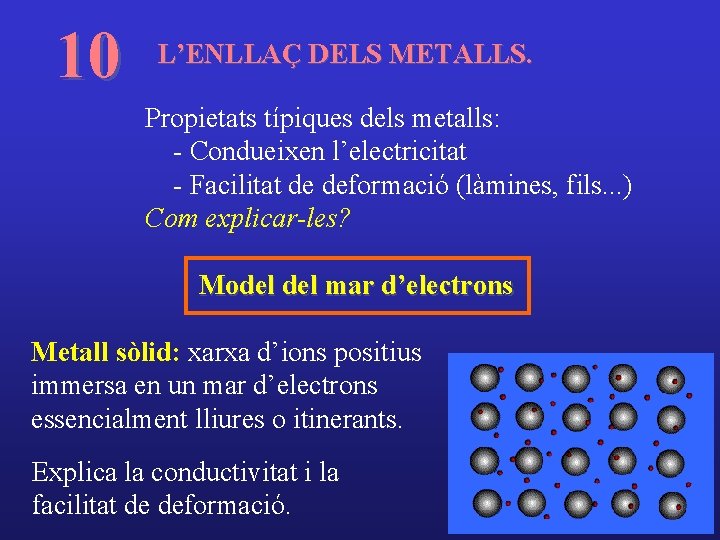 10 L’ENLLAÇ DELS METALLS. Propietats típiques dels metalls: - Condueixen l’electricitat - Facilitat de