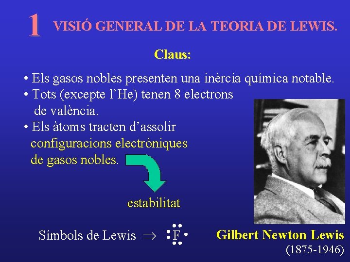1 VISIÓ GENERAL DE LA TEORIA DE LEWIS. Claus: • Els gasos nobles presenten 1 VISIÓ GENERAL DE LA TEORIA DE LEWIS. Claus: • Els gasos nobles presenten
