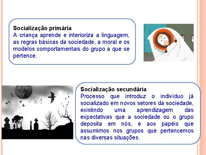 Socialização primária A criança aprende e interioriza a linguagem, as regras básicas da sociedade,