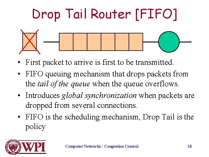 Drop Tail Router [FIFO] • First packet to arrive is first to be transmitted.