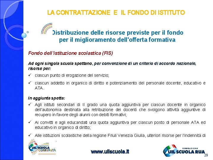 LA CONTRATTAZIONE E IL FONDO DI ISTITUTO Distribuzione delle risorse previste per il fondo