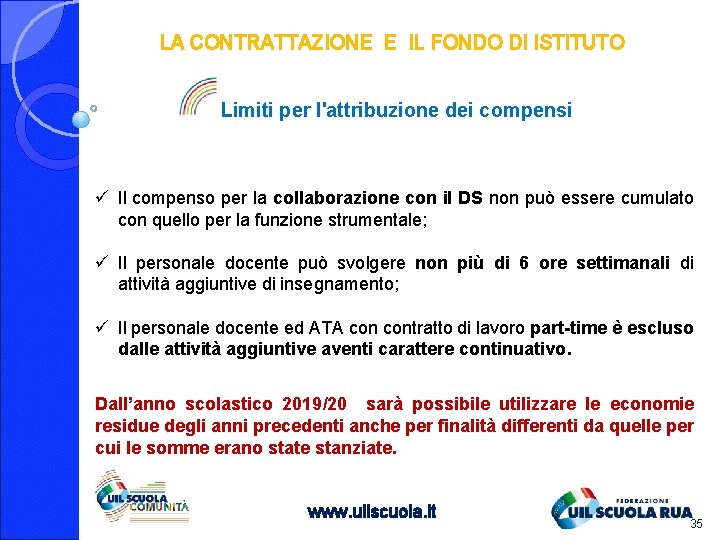 LA CONTRATTAZIONE E IL FONDO DI ISTITUTO Limiti per l'attribuzione dei compensi ü Il