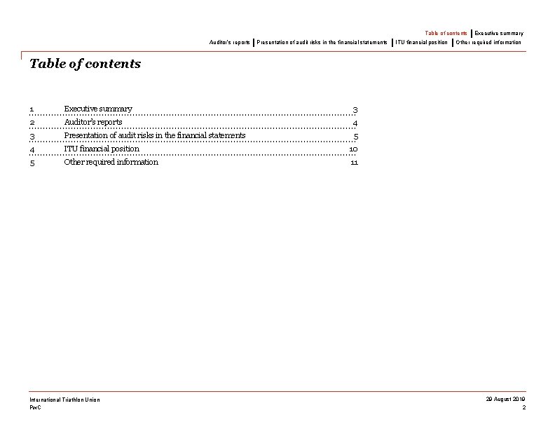 Table of contents Auditor’s reports Presentation of audit risks in the financial statements ITU