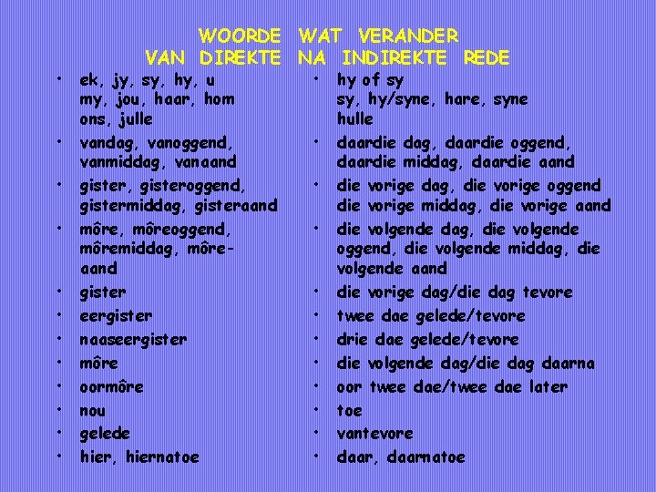  • • • WOORDE WAT VERANDER VAN DIREKTE NA INDIREKTE REDE ek, jy,