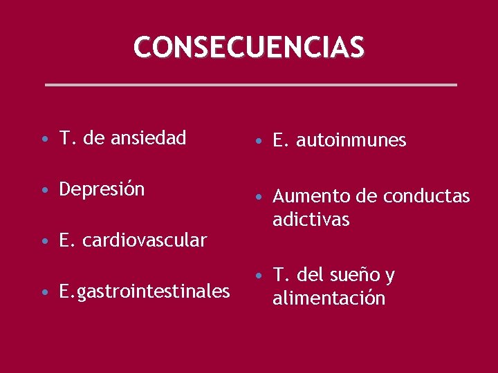 CONSECUENCIAS • T. de ansiedad • E. autoinmunes • Depresión • Aumento de conductas