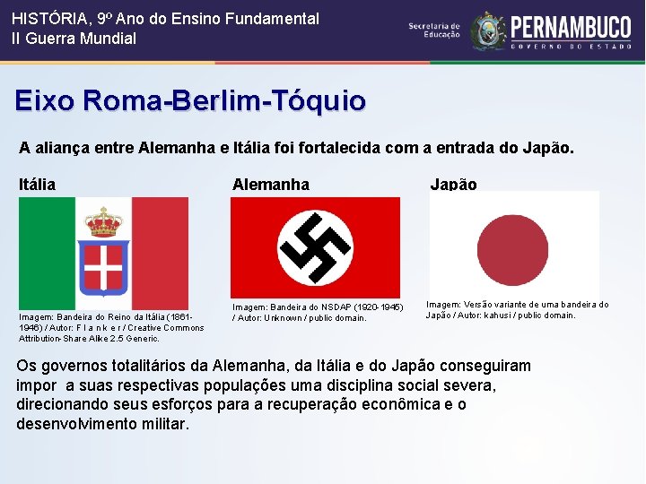 HISTÓRIA, 9º Ano do Ensino Fundamental II Guerra Mundial Eixo Roma-Berlim-Tóquio A aliança entre