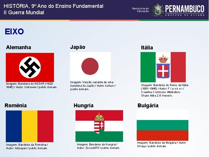 HISTÓRIA, 9º Ano do Ensino Fundamental II Guerra Mundial EIXO Alemanha Japão Imagem: Bandeira