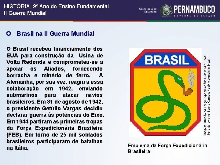 HISTÓRIA, 9º Ano do Ensino Fundamental II Guerra Mundial O Brasil recebeu financiamento dos