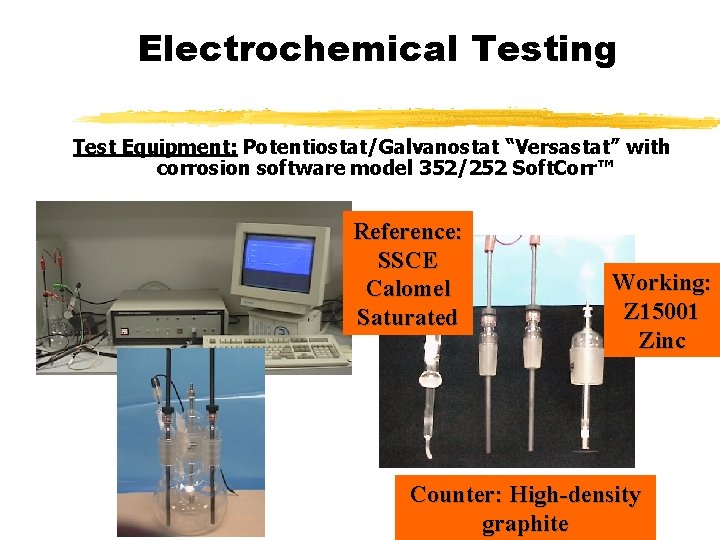 Electrochemical Testing Test Equipment: Potentiostat/Galvanostat “Versastat” with corrosion software model 352/252 Soft. Corr™ Reference: