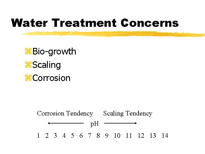 Water Treatment Concerns z. Bio-growth z. Scaling z. Corrosion Tendency Scaling Tendency p. H