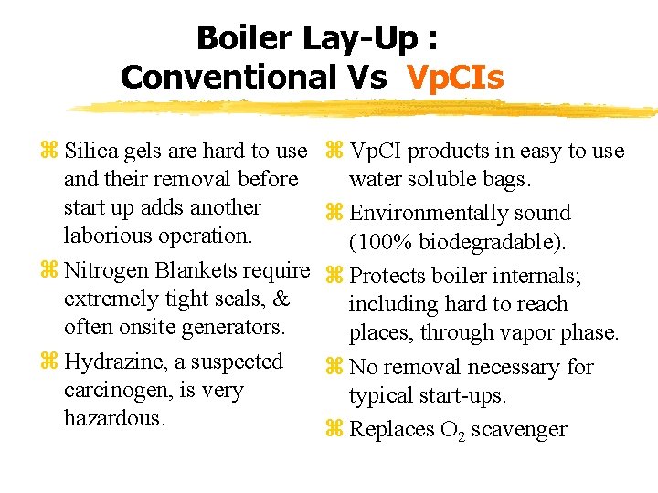 Boiler Lay-Up : Conventional Vs Vp. CIs z Silica gels are hard to use