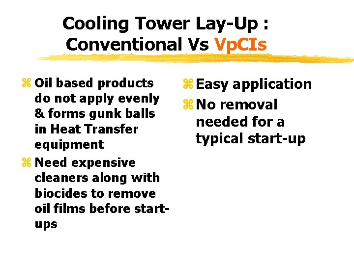 Cooling Tower Lay-Up : Conventional Vs Vp. CIs z Oil based products z. Easy