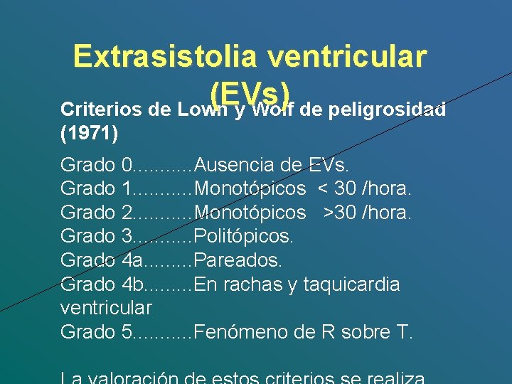 Extrasistolia ventricular ( EVs ) Criterios de Lown y Wolf de peligrosidad (1971) Grado