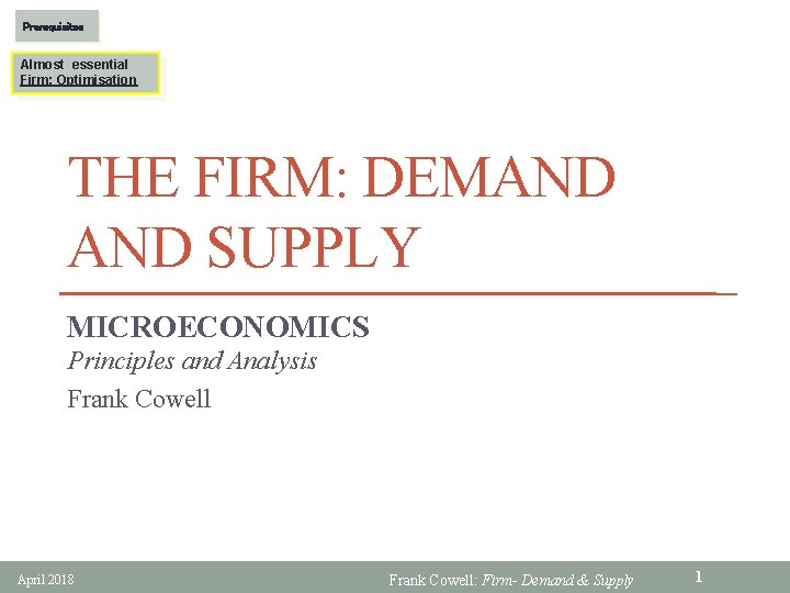 Prerequisites Almost essential Firm: Optimisation THE FIRM: DEMAND SUPPLY MICROECONOMICS Principles and Analysis Frank