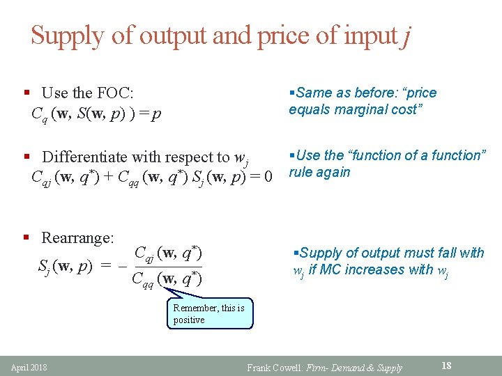 Supply of output and price of input j § Use the FOC: Cq (w,