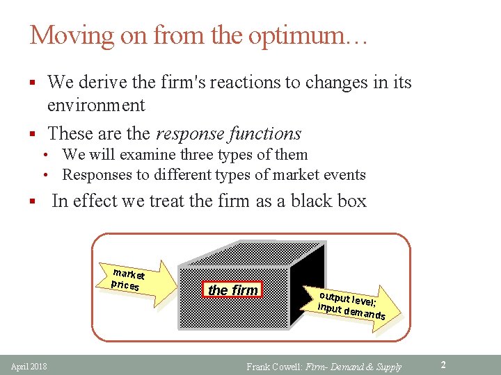 Moving on from the optimum… § We derive the firm's reactions to changes in