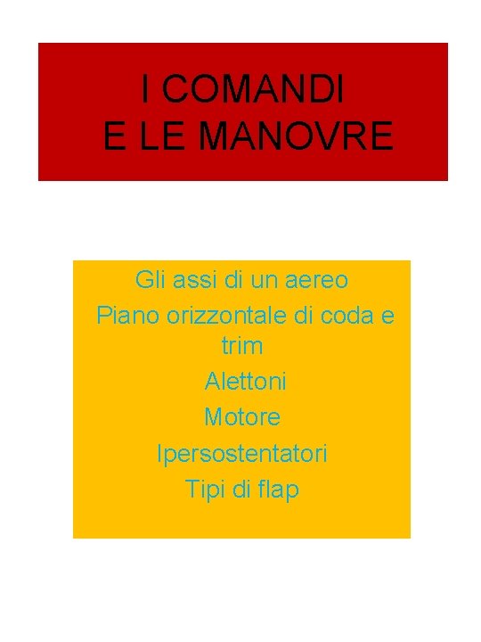 I COMANDI E LE MANOVRE Gli assi di un aereo Piano orizzontale di coda