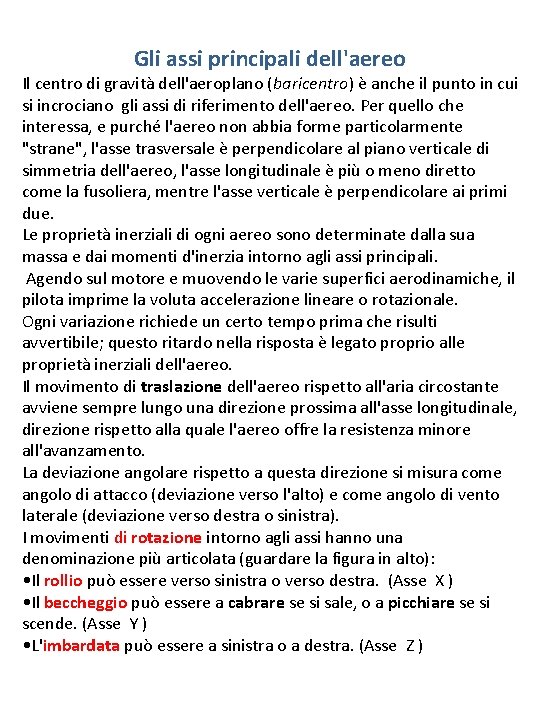 Gli assi principali dell'aereo Il centro di gravità dell'aeroplano (baricentro) è anche il punto