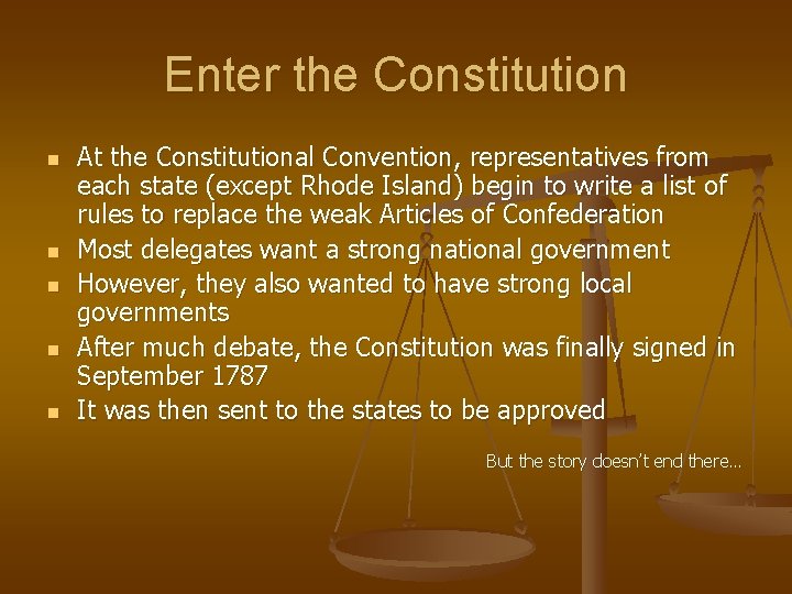 Enter the Constitution n n At the Constitutional Convention, representatives from each state (except Enter the Constitution n n At the Constitutional Convention, representatives from each state (except