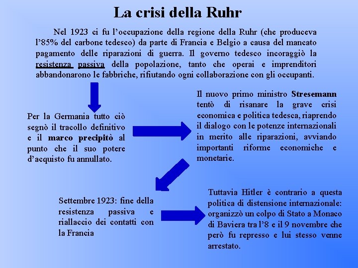 La crisi della Ruhr Nel 1923 ci fu l’occupazione della regione della Ruhr (che