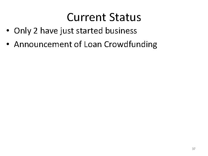 Current Status • Only 2 have just started business • Announcement of Loan Crowdfunding