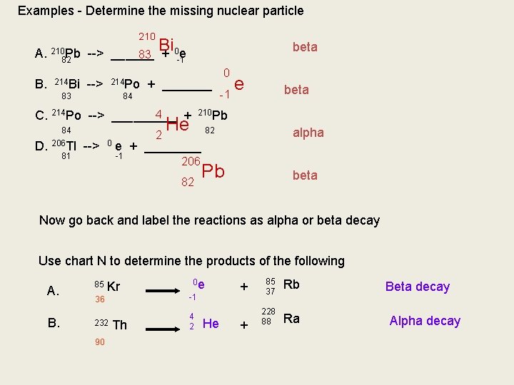 Examples - Determine the missing nuclear particle 210 Bi beta A. 21082 Pb -->