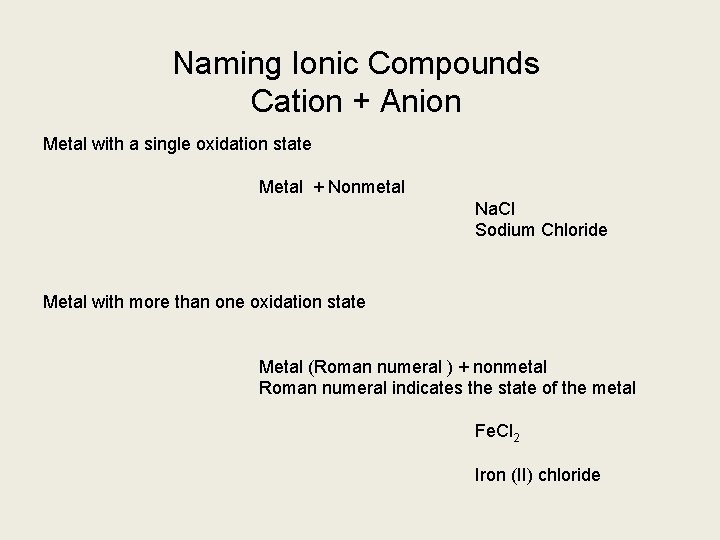 Naming Ionic Compounds Cation + Anion Metal with a single oxidation state Metal +