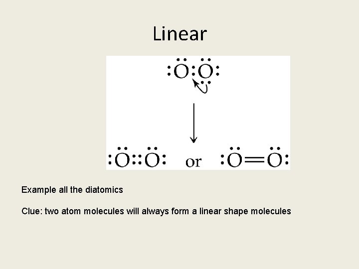 Linear Example all the diatomics Clue: two atom molecules will always form a linear