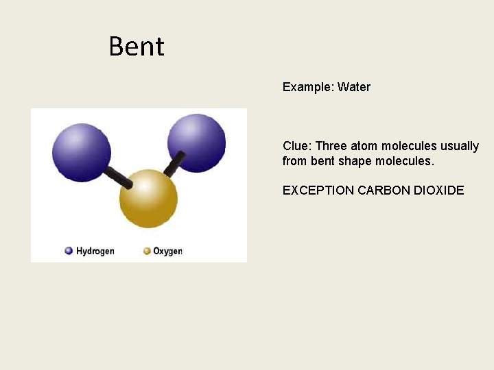 Bent Example: Water Clue: Three atom molecules usually from bent shape molecules. EXCEPTION CARBON
