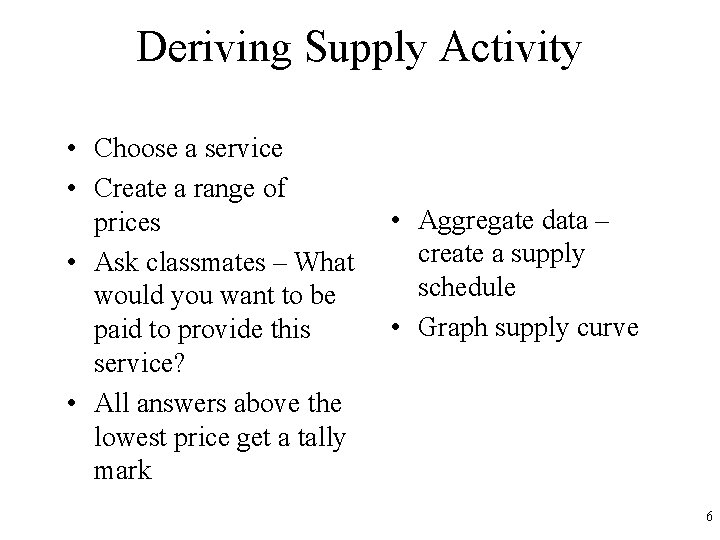 Deriving Supply Activity • Choose a service • Create a range of prices •