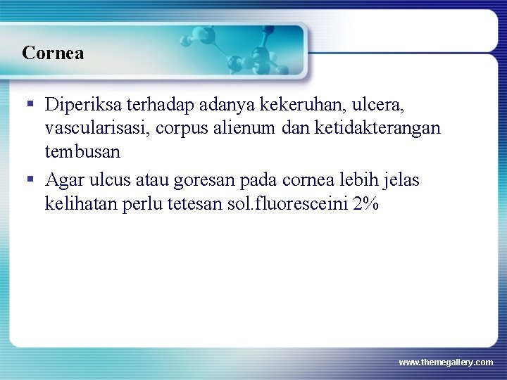 Cornea § Diperiksa terhadap adanya kekeruhan, ulcera, vascularisasi, corpus alienum dan ketidakterangan tembusan § Cornea § Diperiksa terhadap adanya kekeruhan, ulcera, vascularisasi, corpus alienum dan ketidakterangan tembusan §