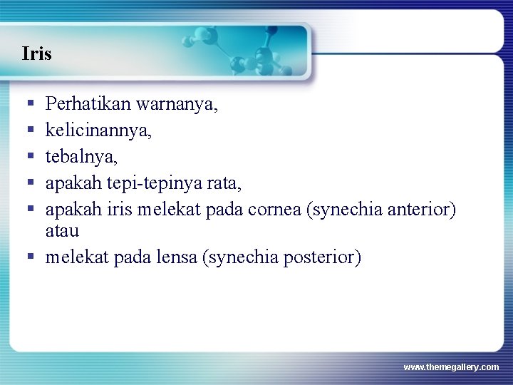 Iris § § § Perhatikan warnanya, kelicinannya, tebalnya, apakah tepi-tepinya rata, apakah iris melekat Iris § § § Perhatikan warnanya, kelicinannya, tebalnya, apakah tepi-tepinya rata, apakah iris melekat