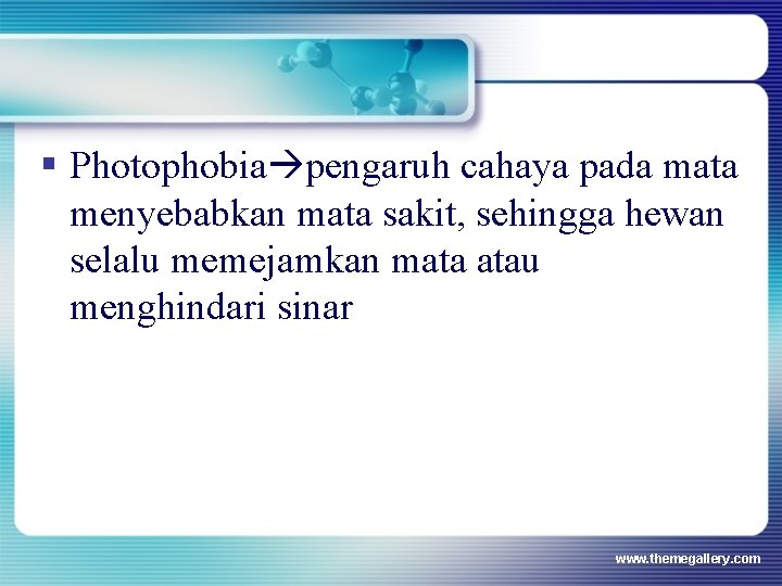 § Photophobia pengaruh cahaya pada mata menyebabkan mata sakit, sehingga hewan selalu memejamkan mata § Photophobia pengaruh cahaya pada mata menyebabkan mata sakit, sehingga hewan selalu memejamkan mata