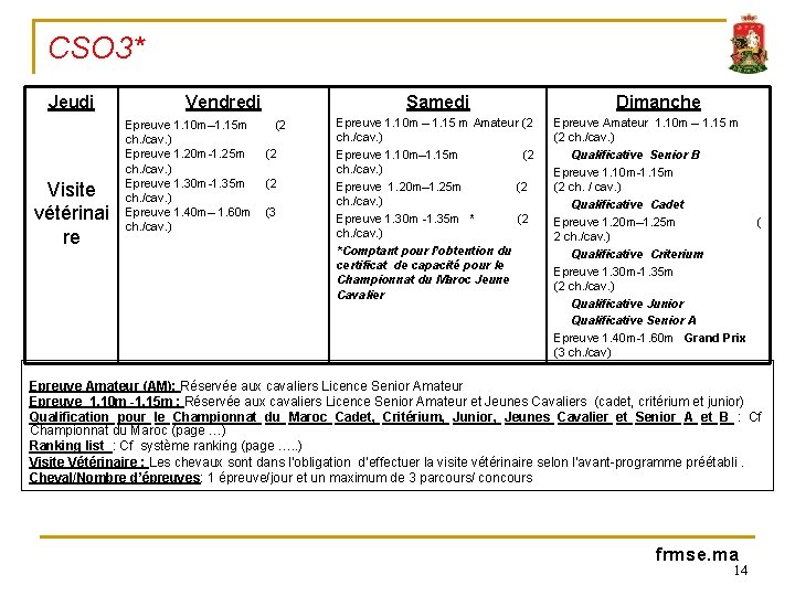 CSO 3* Jeudi Visite vétérinai re Vendredi Epreuve 1. 10 m– 1. 15 m