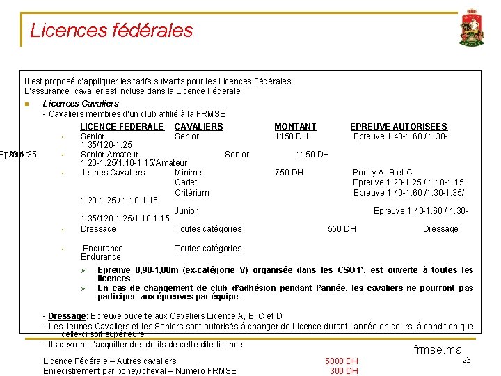 Licences fédérales Il est proposé d’appliquer les tarifs suivants pour les Licences Fédérales. L’assurance