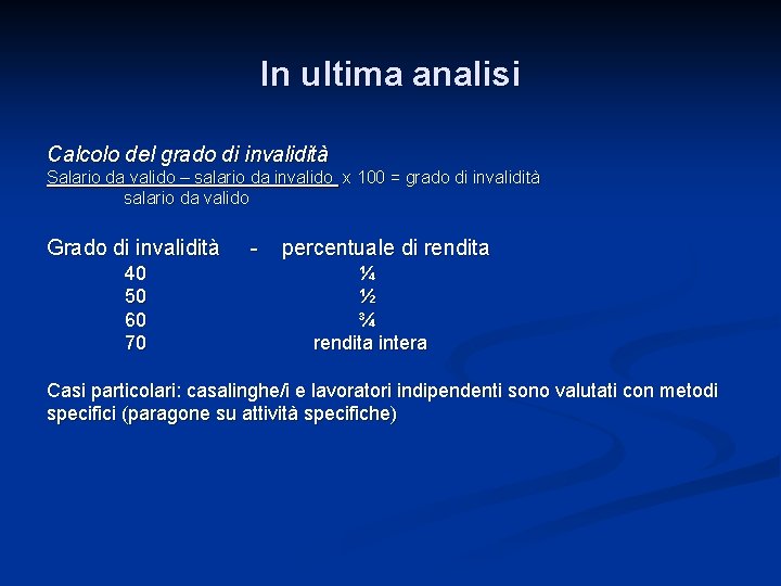 In ultima analisi Calcolo del grado di invalidità Salario da valido – salario da